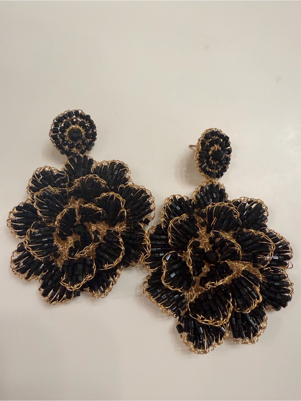 Black and Gold Floral Beaded Statement Earrings